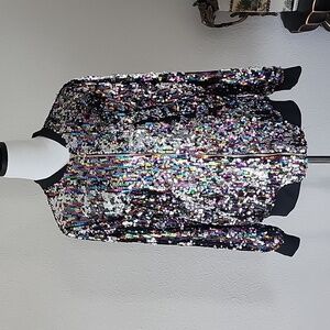 Cresay Sequin Bomber Jacket Full Zip Long Sleeves